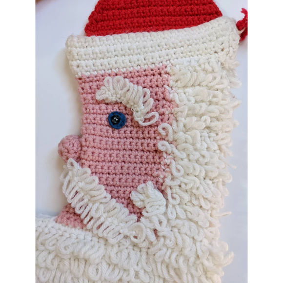 Vintage Anthropomorphic Santa Claus Stocking "Loopy Santa" Hand Crocheted 1970s - Picture 4 of 6
